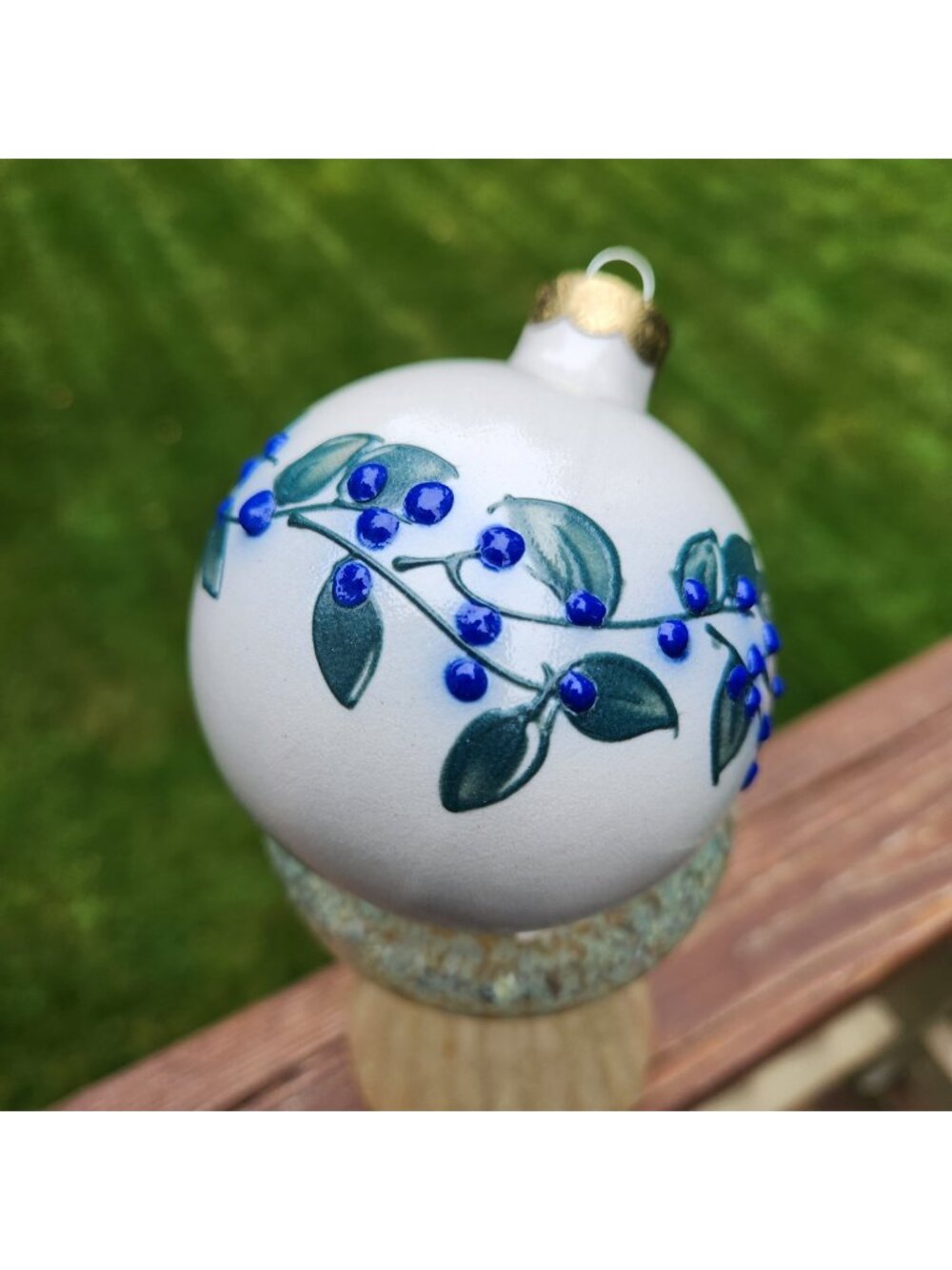 Salmon Falls Stoneware Pottery Christmas Ornament Green Vine Blue Berry Vintage